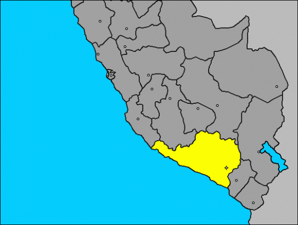 Mapa de Perú, el departamento de Arequipa resaltado en amarillo. 