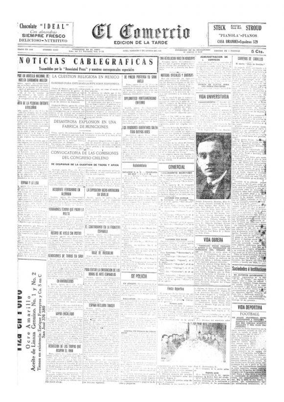 Portada de El Comercio del 13 de agosto de 1926
