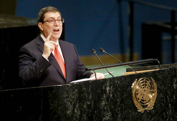 Cuba's Foreign Minister Bruno Rodríguez speaks during a meeting of the U.N. General Assembly, Wednesday Oct. 26, 2016 at U.N. headquarters. The United States has abstained for the first time in 25 years on a U.N. resolution condemning America's economic embargo against Cuba, a measure it had always vehemently opposed. (AP Photo/Bebeto Matthews)