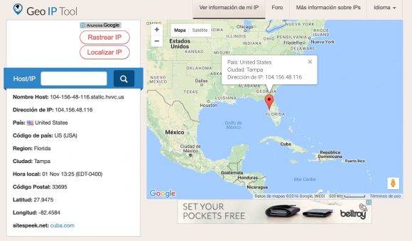 Según el sitio Geo IP Tool, Cuba.com está en un servidor de Tampa, Florida.