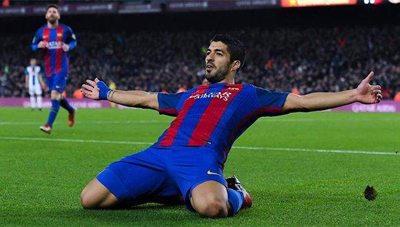 Luis Suárez celebra su gol ante el Espanyol. Foto: Getty Images.