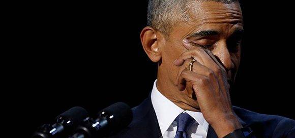 Obama emocionado en su su último discurso como presidente de los Estados Unidos. Foto: Jonathan Ernst/ Atlas.  