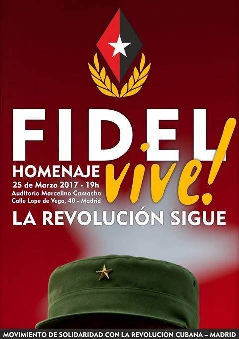 El afiche de convocatoria del homenaje a Fidel en España. Foto: Página de Facebook del Embajador de Cuba en España