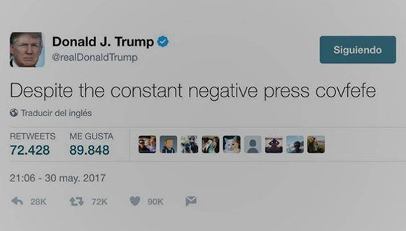 Captura de pantalla del tweet de Donald Trump donde escribió "covfefe". 