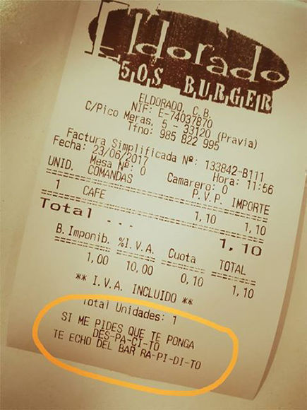 Ticket del bar asturiano para que los clientes no le pidan la canción de Luis Fonsi y Daddy Yankee. Foto tomada de la página del bar en Facebook.