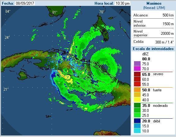Vista del Huracán Irma desde el Radar de Pico San Juan. Imagen: Sitio del INSMET a las 10:30 pm