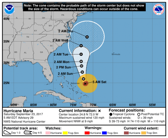 Huracán María, sábado 23 de septiembre. Fuente: NOAA.