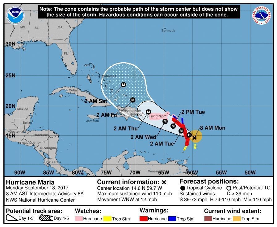 Cono de trayectoria del huracán María. Fuente: NOAA.