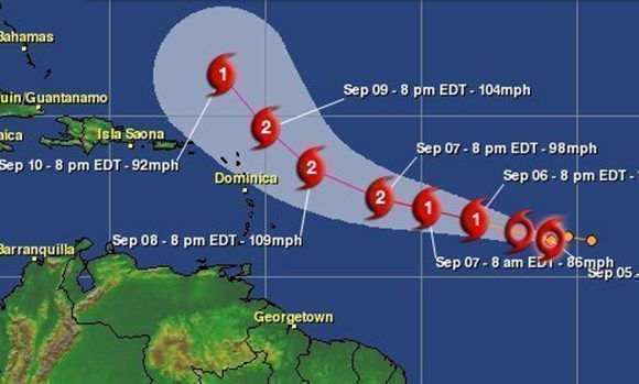 El huracán José puede llegar a categoría dos y luego descender otra vez. Imagen: Aeris Weather. 