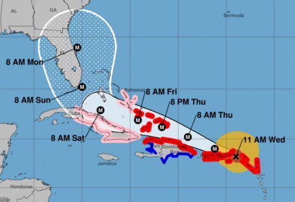 Según esta posible trayectoria del huracán Irma, el ciclón afectará a casi todo el territorio cubano. Imagen: NOAA. 
