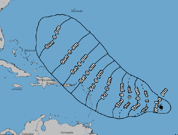 El sábado en la tarde el huracán José puede estar al norte de Puerto Rico. Imagen: NOAA.