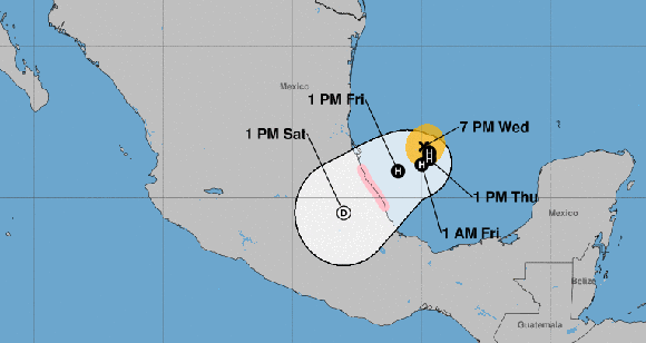 El huracán de categoría uno, Katia, debe tener un corto recorrido sobre México. Imagen: NOAA.