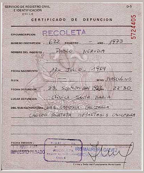 Certificado de defunción de Pablo Neruda, expedido el 23 de septiembre de 1973. Foto: Prensa Latina.