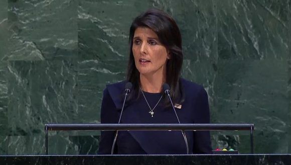 Nikki Haley durante su discurso en la ONU. Foto: Captura de pantalla/ @CubaMINREX/ Twitter.