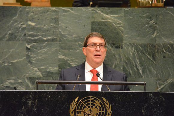 El canciller cubano, Bruno Rodríguez, durante su discurso en la sede de Naciones Unidas este miércoles. Foto: @CubaMINREX/ Twitter.
