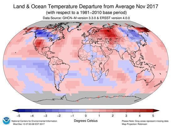 Anomalías positivas (en rojo) y negativas (azul) de la temperatura global en noviembre. Crédito: NCEI/NOAA.