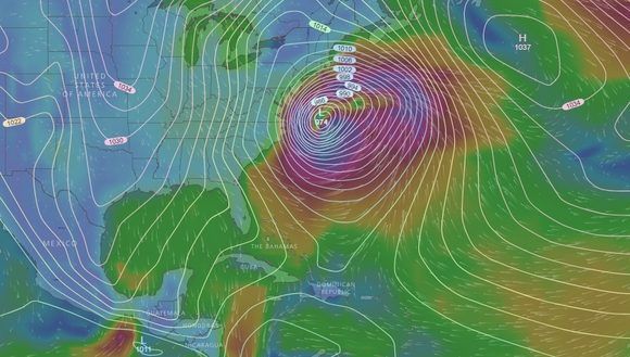 El centro de la gran baja invernal se ubicaría a menos de 300 km de las costas de Carolina del Norte, Estados Unidos, el 4 de enero. Modelo de predicción: Global Forecast System (GFS). Gráfico: Windy.