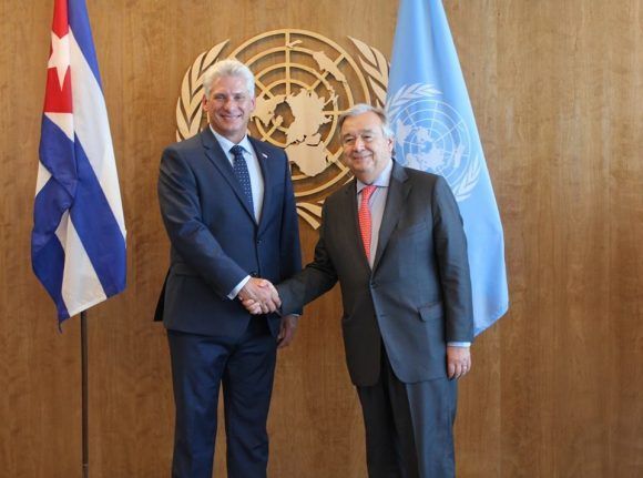 Encuentro del presidente de Cuba Miguel Díaz-Canel con el secretario general de la ONU es António Guterres. Foto: @DPRCubaOnu/ Twitter.