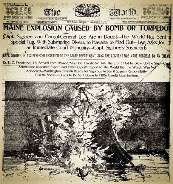 Portada sensacionalista del diario estadounidense The World, correspondiente al 17 de febrero de 1898.